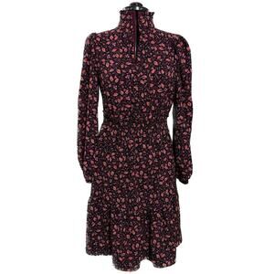 LONDON TIMES Smocked Long Sleeve Ruffle Dress Knee Length Floral Black NWT 8